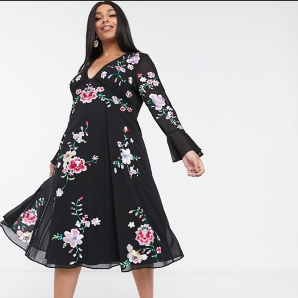 ASOS Curve Black Midi Dress with Pink & White Floral Embroidery